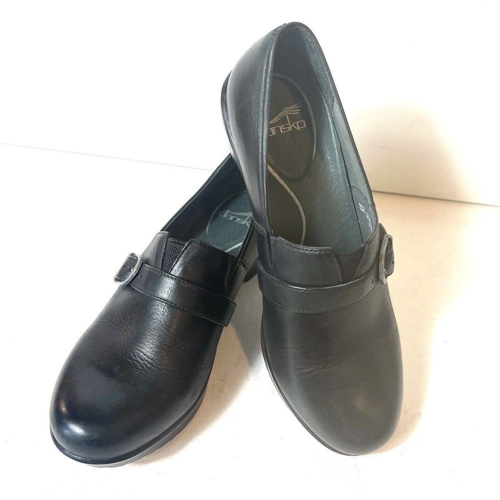 Dansko Black Leather Block Mid Heel Women's Shoes EU 39 US 8.5-9 Slip On Clogs - Picture 2 of 13